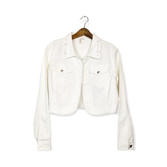 Ethyl Jackets & Coats Ethyl White Denim Embellished Collar Cropped